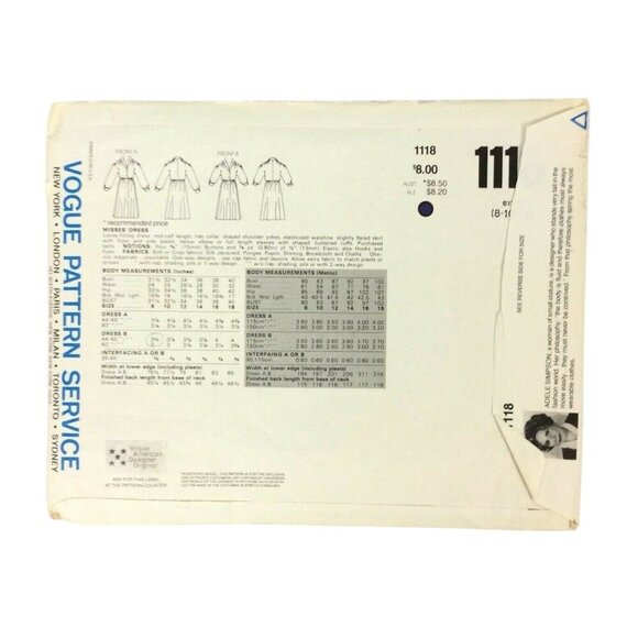 Vogue 1118 Adele Simpson Womens Dress Sewing Pattern Size 8-10-12 Uncut 80s - Picture 2 of 3